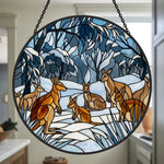 Snowy forest kangaroo mob stained glass suncatcher window hanging, suitable for home and garden decoration