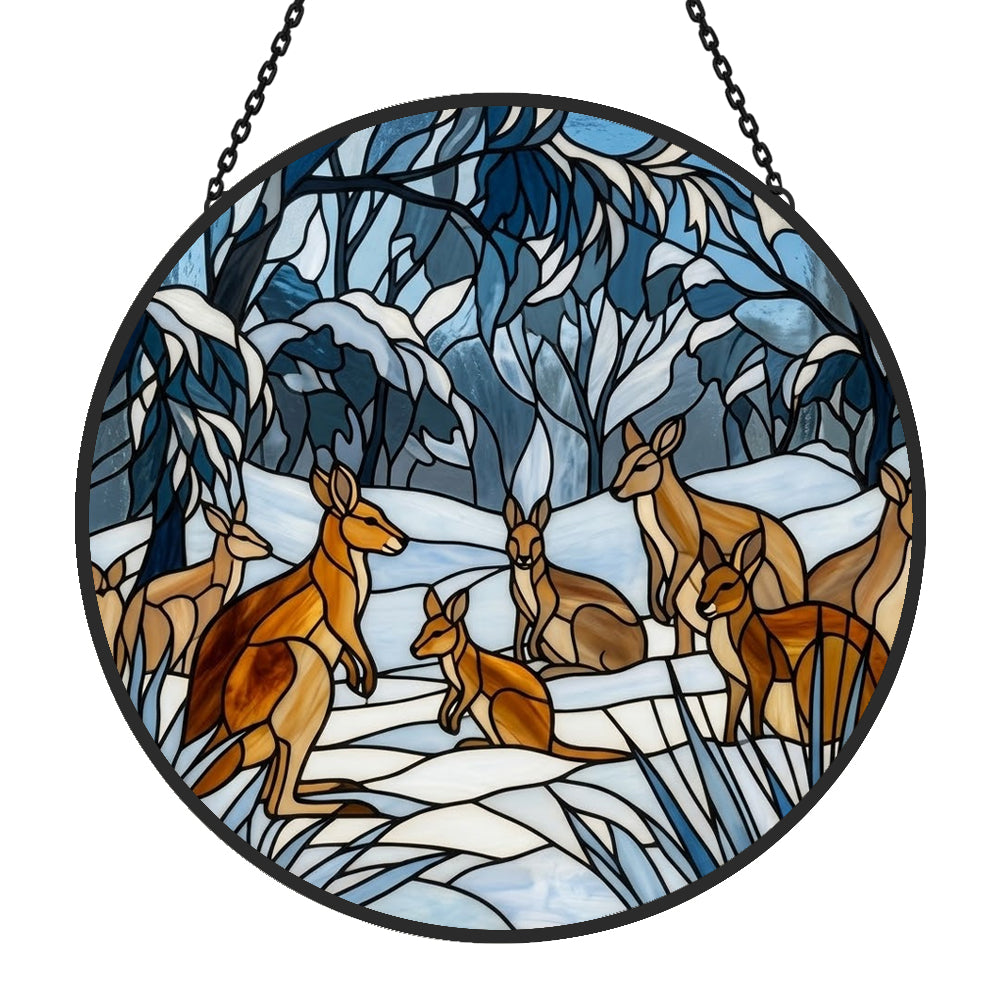 Snowy forest kangaroo mob stained glass suncatcher window hanging, suitable for home and garden decoration