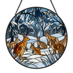 Snowy forest kangaroo mob stained glass suncatcher window hanging, suitable for home and garden decoration