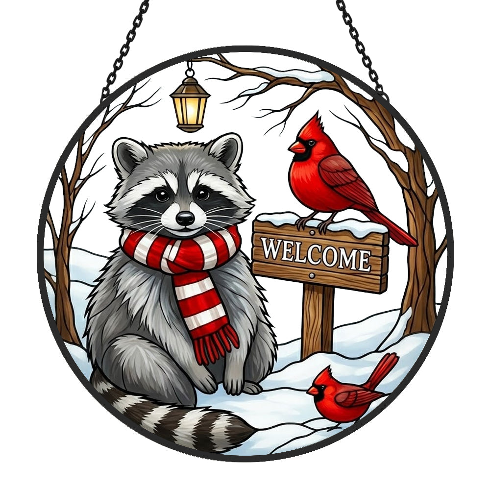 Snowy rustic welcome sign raccoon stained glass suncatcher window hanging, suitable for home and garden decoration