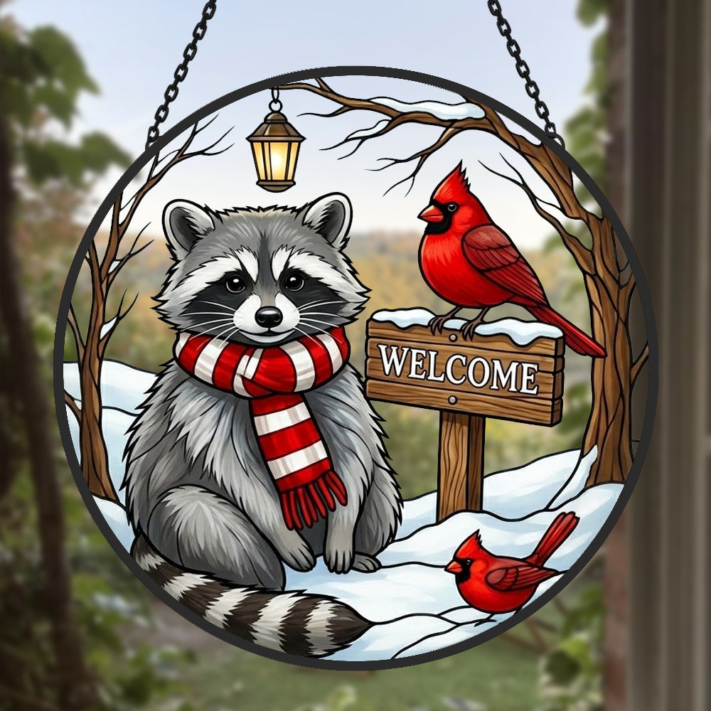 Snowy rustic welcome sign raccoon stained glass suncatcher window hanging, suitable for home and garden decoration