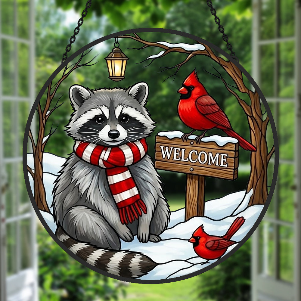 Snowy rustic welcome sign raccoon stained glass suncatcher window hanging, suitable for home and garden decoration