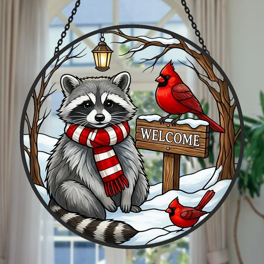 Snowy rustic welcome sign raccoon stained glass suncatcher window hanging, suitable for home and garden decoration