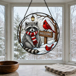 Snowy rustic welcome sign raccoon stained glass suncatcher window hanging, suitable for home and garden decoration
