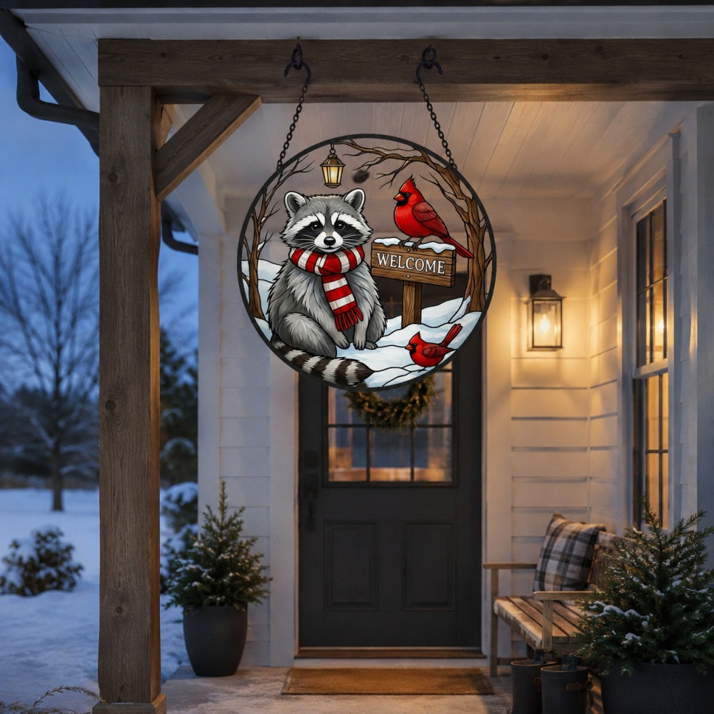 Snowy rustic welcome sign raccoon stained glass suncatcher window hanging, suitable for home and garden decoration