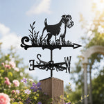 Soft coated wheaten terrier metal weather vane with directional arrows and mounting rod, outdoor roof and garden decoration