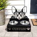 Personalized sphynx cat metal cat bowl stand with custom name cutout and two removable feeding bowls