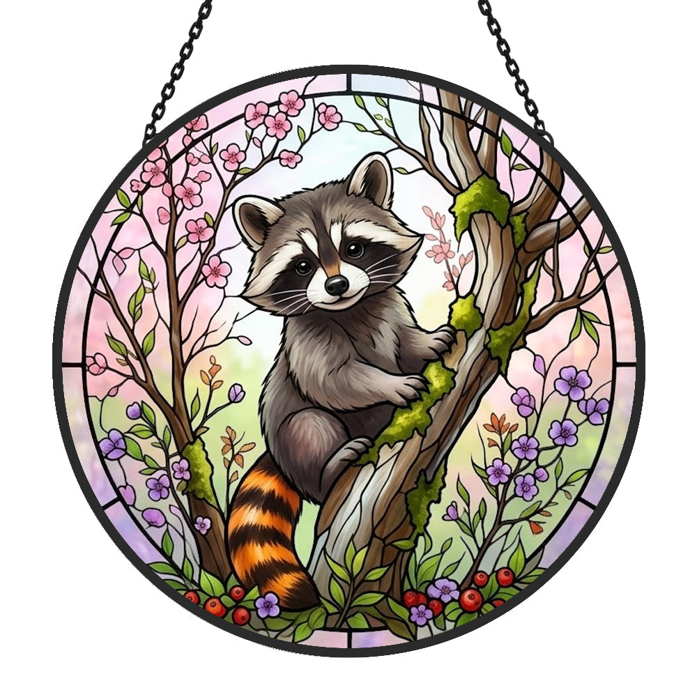 Spring blossom climbing raccoon stained glass suncatcher window hanging, suitable for home and garden decoration