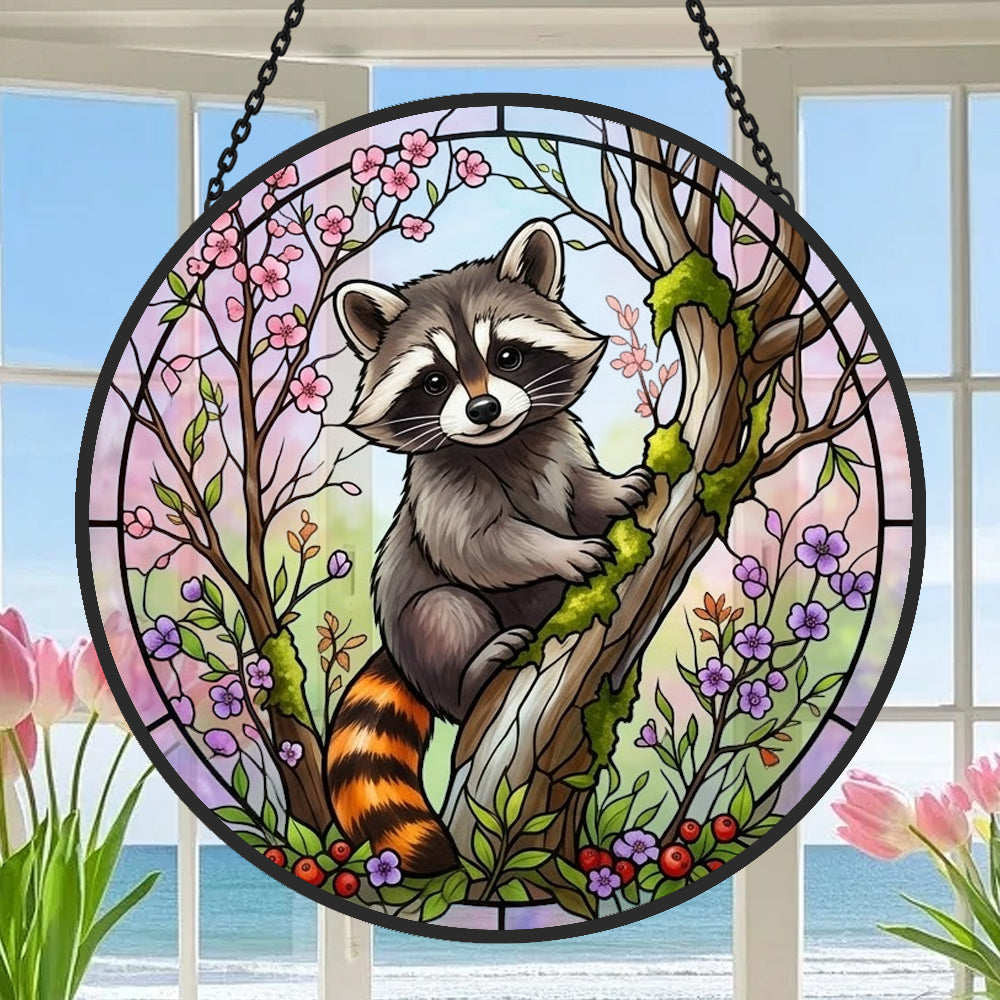 Spring blossom climbing raccoon stained glass suncatcher window hanging, suitable for home and garden decoration