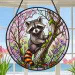 Spring blossom climbing raccoon stained glass suncatcher window hanging, suitable for home and garden decoration