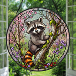 Spring blossom climbing raccoon stained glass suncatcher window hanging, suitable for home and garden decoration
