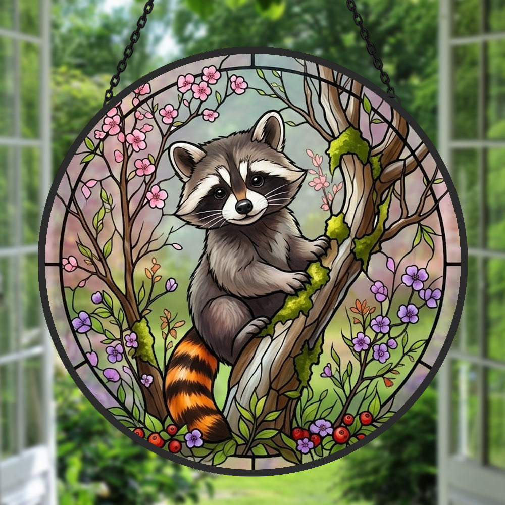 Spring blossom climbing raccoon stained glass suncatcher window hanging, suitable for home and garden decoration