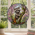 Spring blossom climbing raccoon stained glass suncatcher window hanging, suitable for home and garden decoration