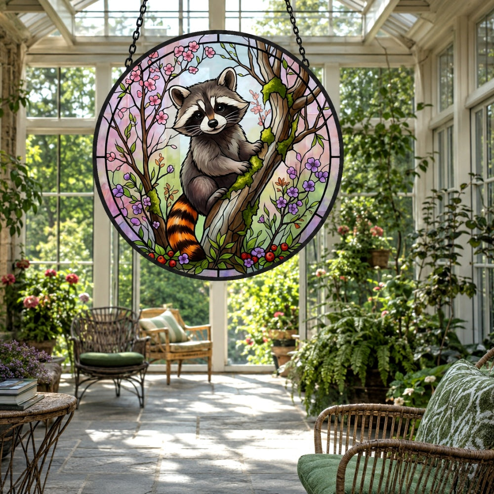 Spring blossom climbing raccoon stained glass suncatcher window hanging, suitable for home and garden decoration