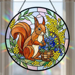 Spring floral squirrel stained glass suncatcher window hanging, suitable for home and garden decoration
