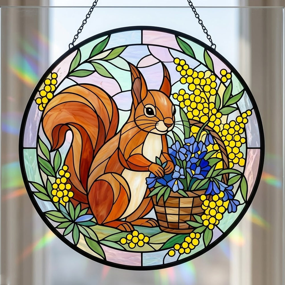 Spring floral squirrel stained glass suncatcher window hanging, suitable for home and garden decoration