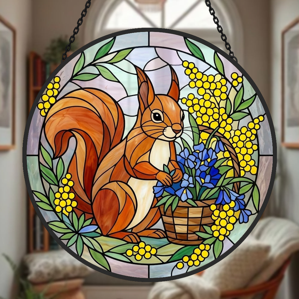 Spring floral squirrel stained glass suncatcher window hanging, suitable for home and garden decoration