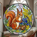 Spring floral squirrel stained glass suncatcher window hanging, suitable for home and garden decoration