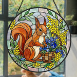 Spring floral squirrel stained glass suncatcher window hanging, suitable for home and garden decoration