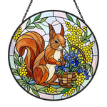 Spring floral squirrel stained glass suncatcher window hanging, suitable for home and garden decoration