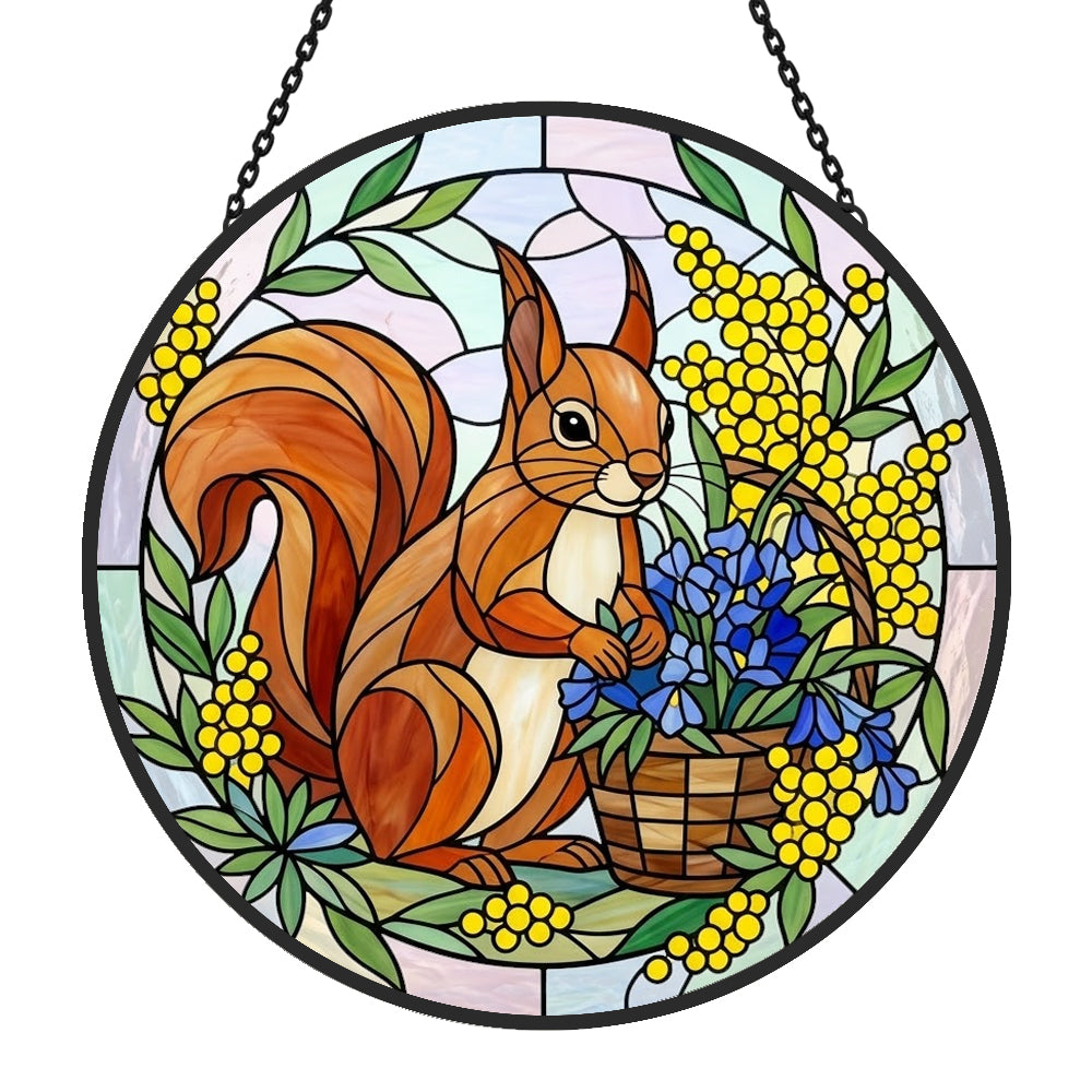 Spring floral squirrel stained glass suncatcher window hanging, suitable for home and garden decoration