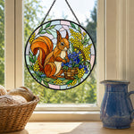 Spring floral squirrel stained glass suncatcher window hanging, suitable for home and garden decoration