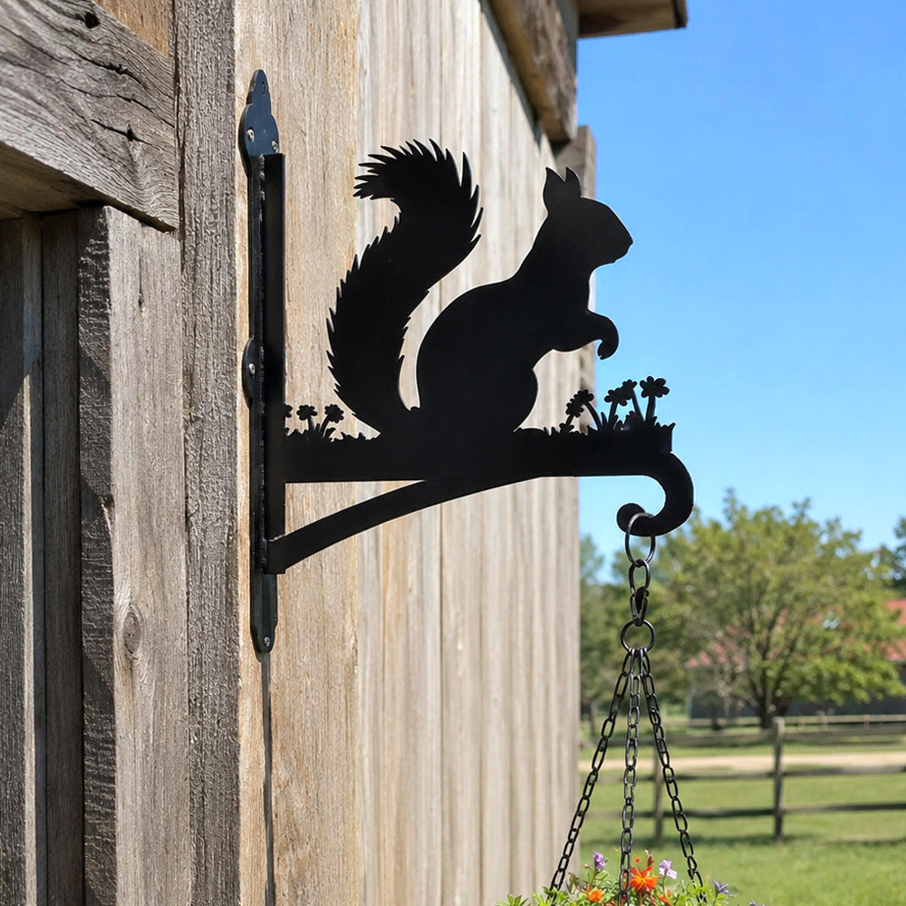 Squirrel metal hanging basket bracket mounted on outdoor wall for plant decoration