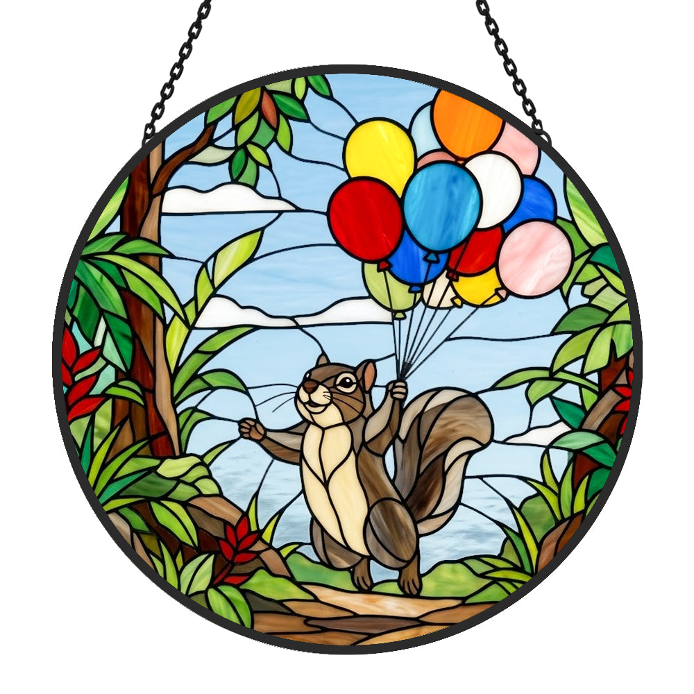 Squirrel with colorful balloons stained glass suncatcher window hanging, suitable for home and garden decoration
