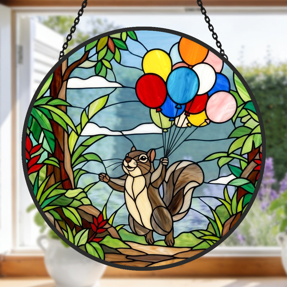 Squirrel with colorful balloons stained glass suncatcher window hanging, suitable for home and garden decoration