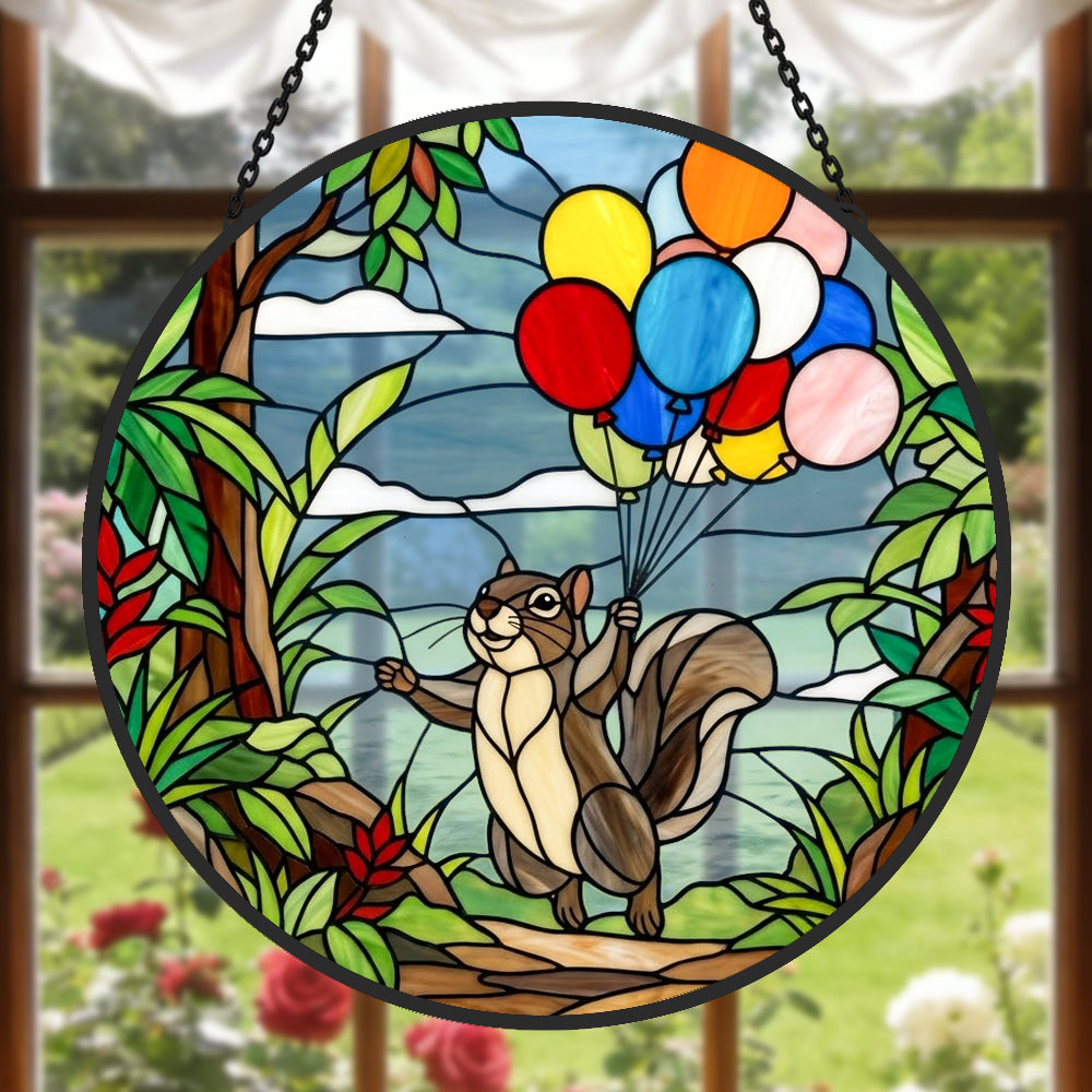 Squirrel with colorful balloons stained glass suncatcher window hanging, suitable for home and garden decoration