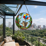 Squirrel with colorful balloons stained glass suncatcher window hanging, suitable for home and garden decoration