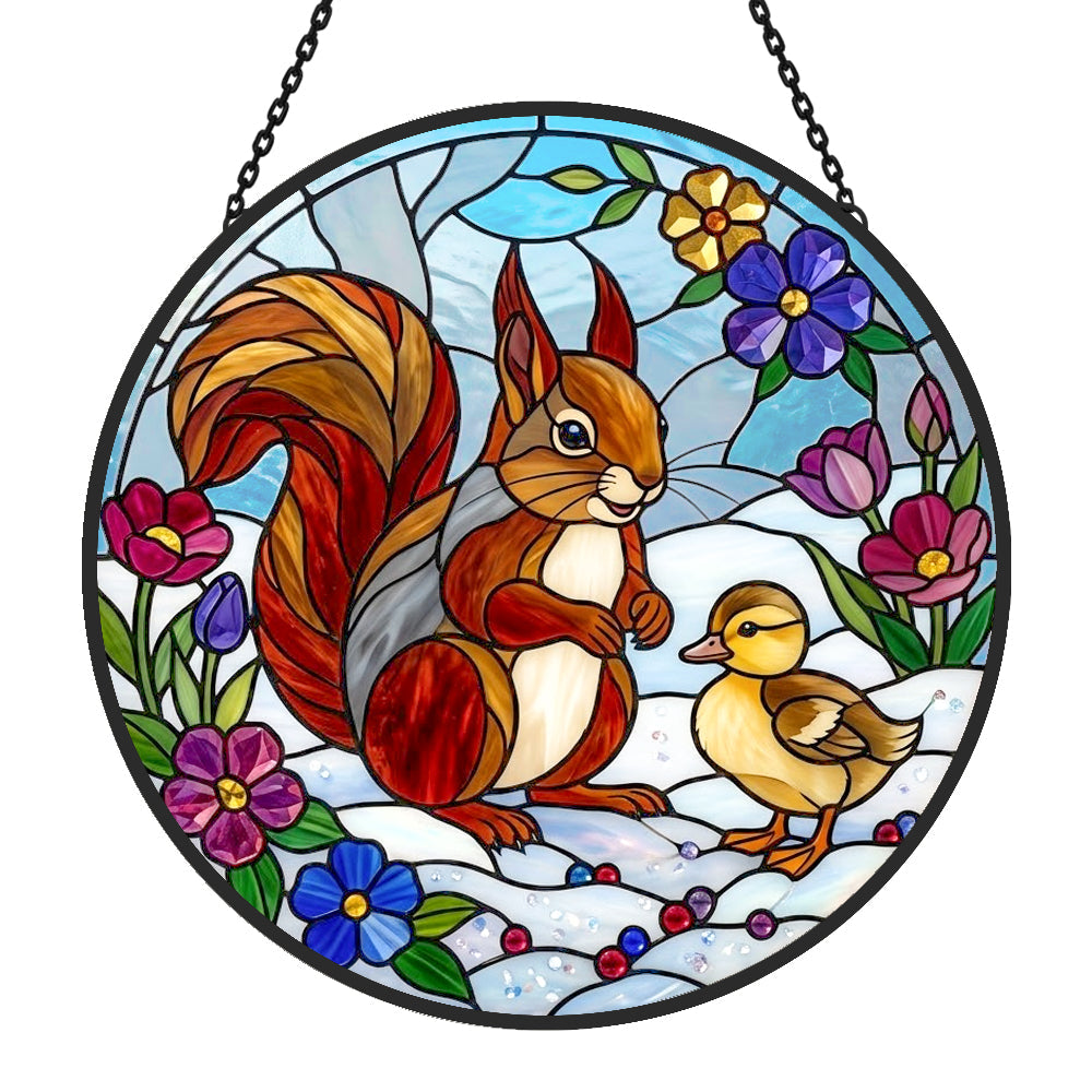 Squirrel with cute duckling stained glass suncatcher window hanging, suitable for home and garden decoration 