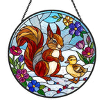 Squirrel with cute duckling stained glass suncatcher window hanging, suitable for home and garden decoration 