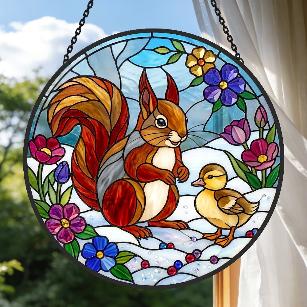 Squirrel with cute duckling stained glass suncatcher window hanging, suitable for home and garden decoration
