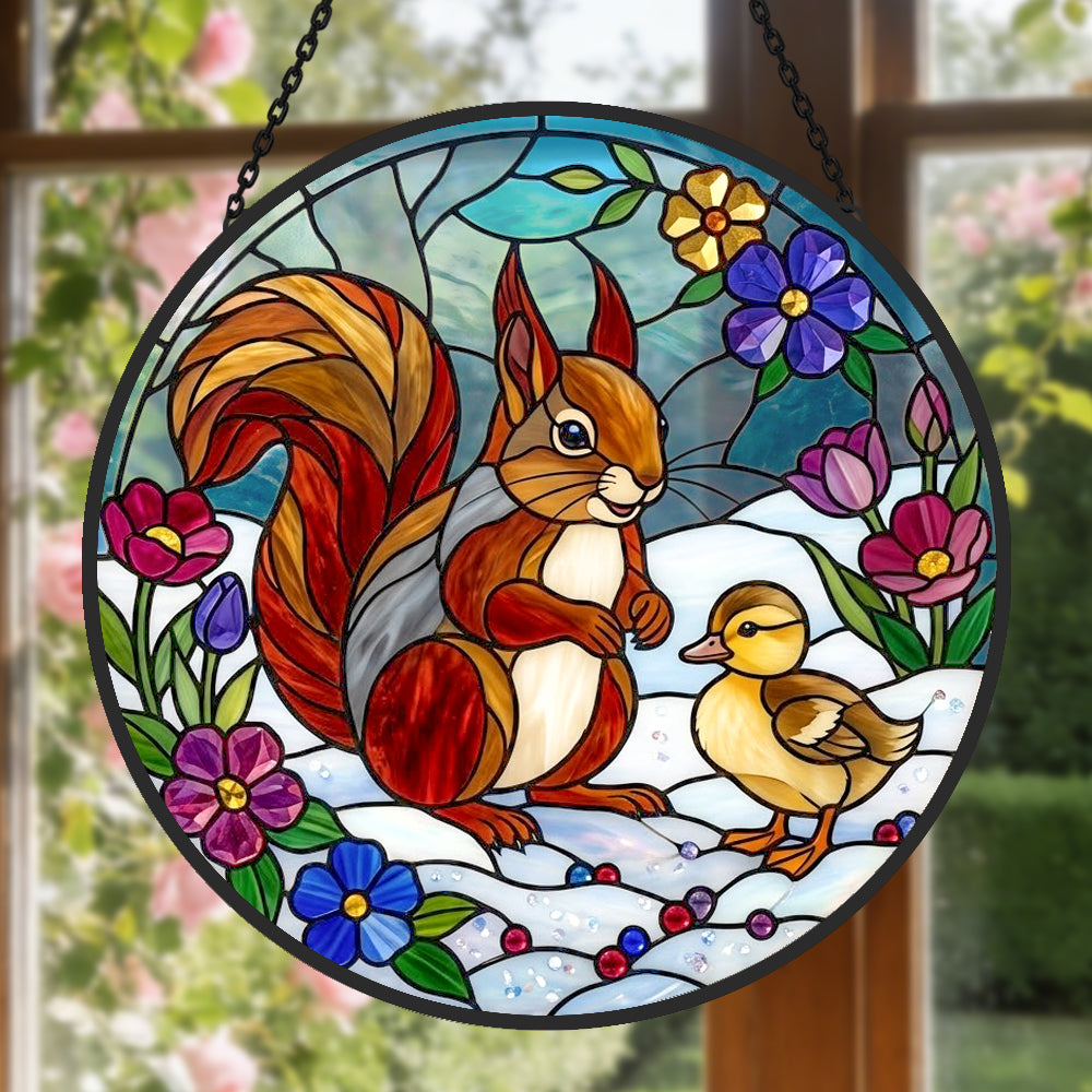 Squirrel with cute duckling stained glass suncatcher window hanging, suitable for home and garden decoration 
