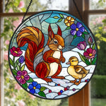 Squirrel with cute duckling stained glass suncatcher window hanging, suitable for home and garden decoration 