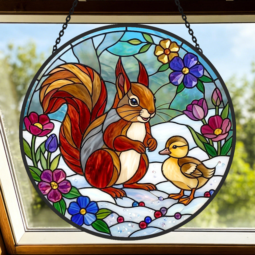 Squirrel with cute duckling stained glass suncatcher window hanging, suitable for home and garden decoration 