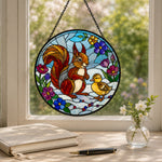 Squirrel with cute duckling stained glass suncatcher window hanging, suitable for home and garden decoration