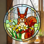 Squirrel with daffodils stained glass suncatcher window hanging, suitable for home and garden decoration