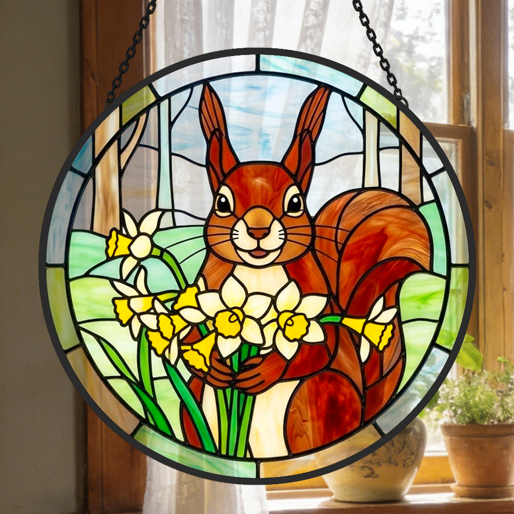 Squirrel with daffodils stained glass suncatcher window hanging, suitable for home and garden decoration