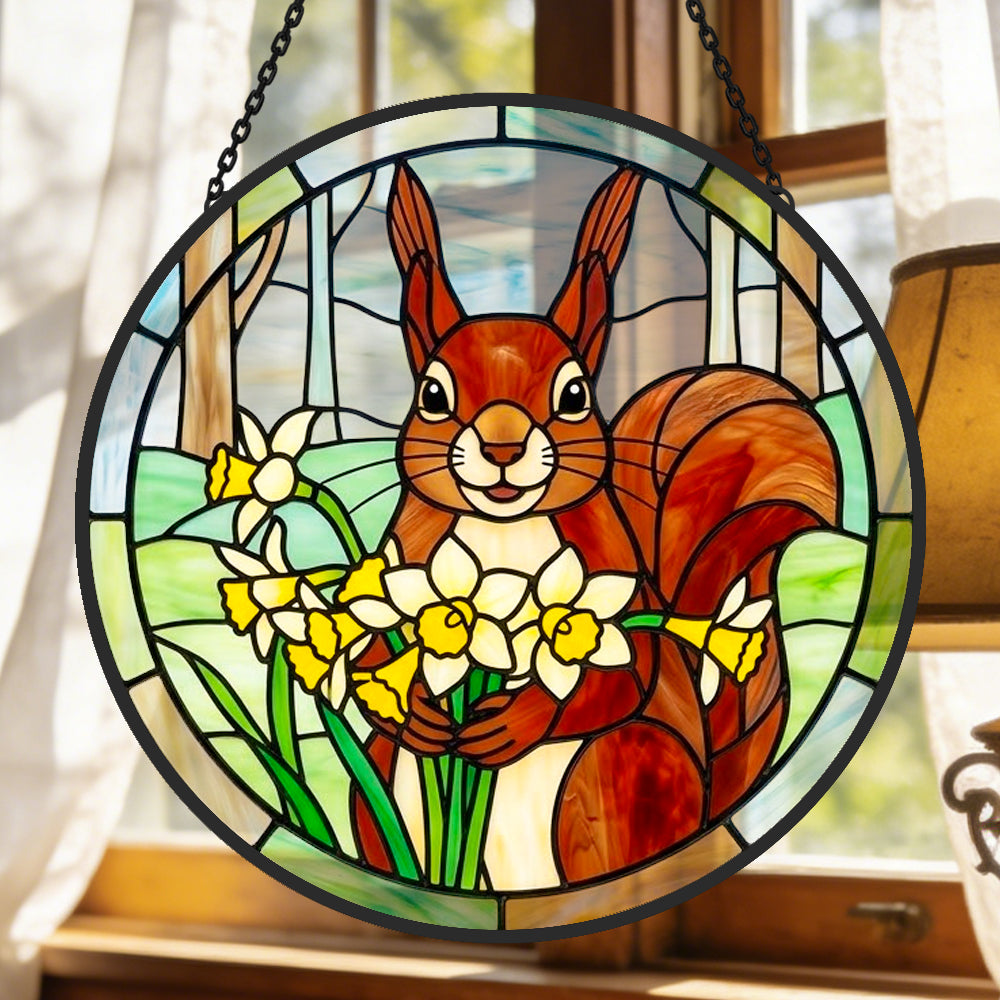 Squirrel with daffodils stained glass suncatcher window hanging, suitable for home and garden decoration 