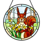 Squirrel with daffodils stained glass suncatcher window hanging, suitable for home and garden decoration 