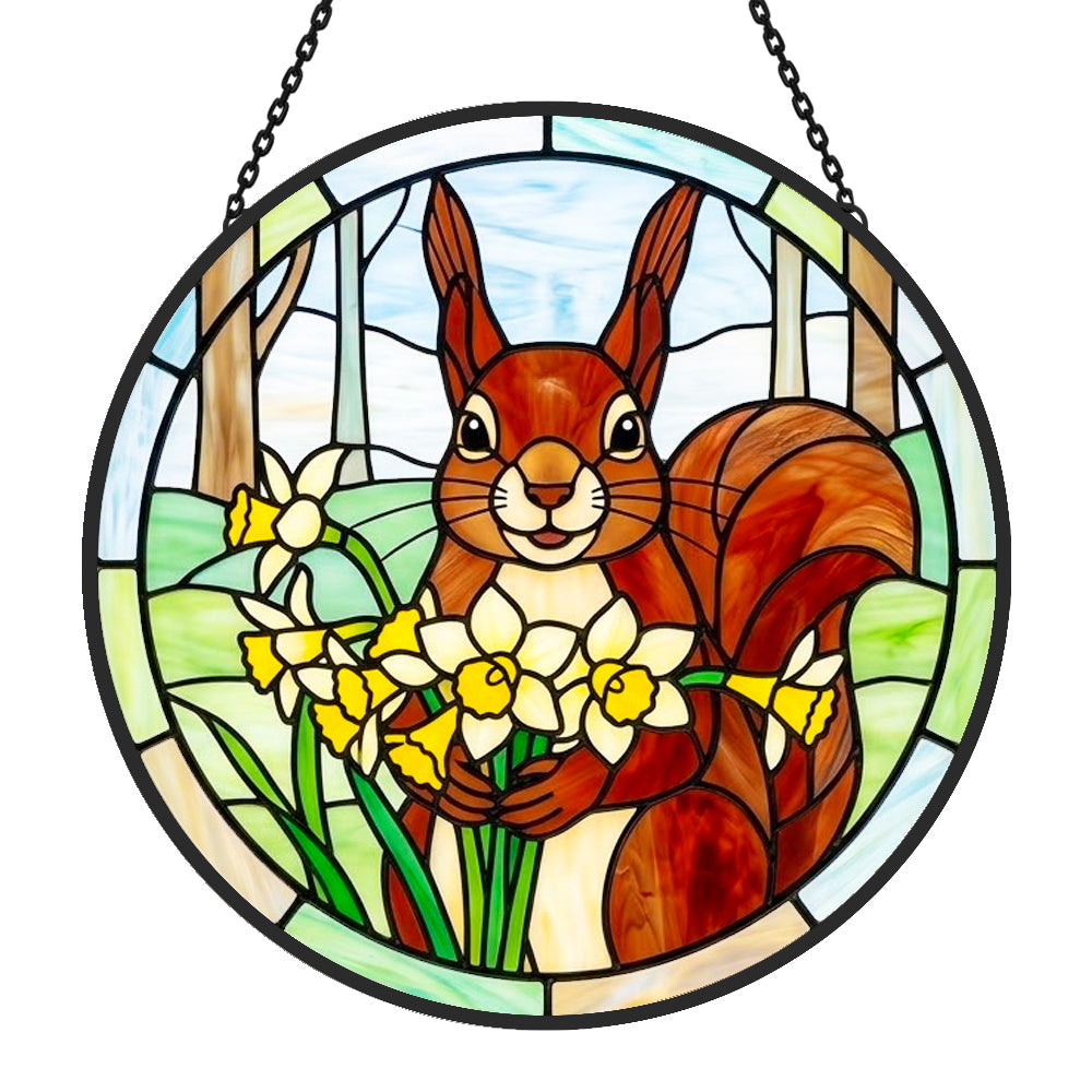 Squirrel with daffodils stained glass suncatcher window hanging, suitable for home and garden decoration 