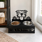 Personalized staffordshire bull terrier metal dog bowl stand with custom name cutout and two removable feeding bowls