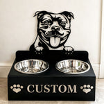 Personalized staffordshire bull terrier metal dog bowl stand with custom name cutout and two removable feeding bowls