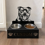 Personalized staffordshire bull terrier metal dog bowl stand with custom name cutout and two removable feeding bowls
