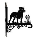 Staffordshire bull terrier metal hanging basket bracket mounted on outdoor wall for plant decoration