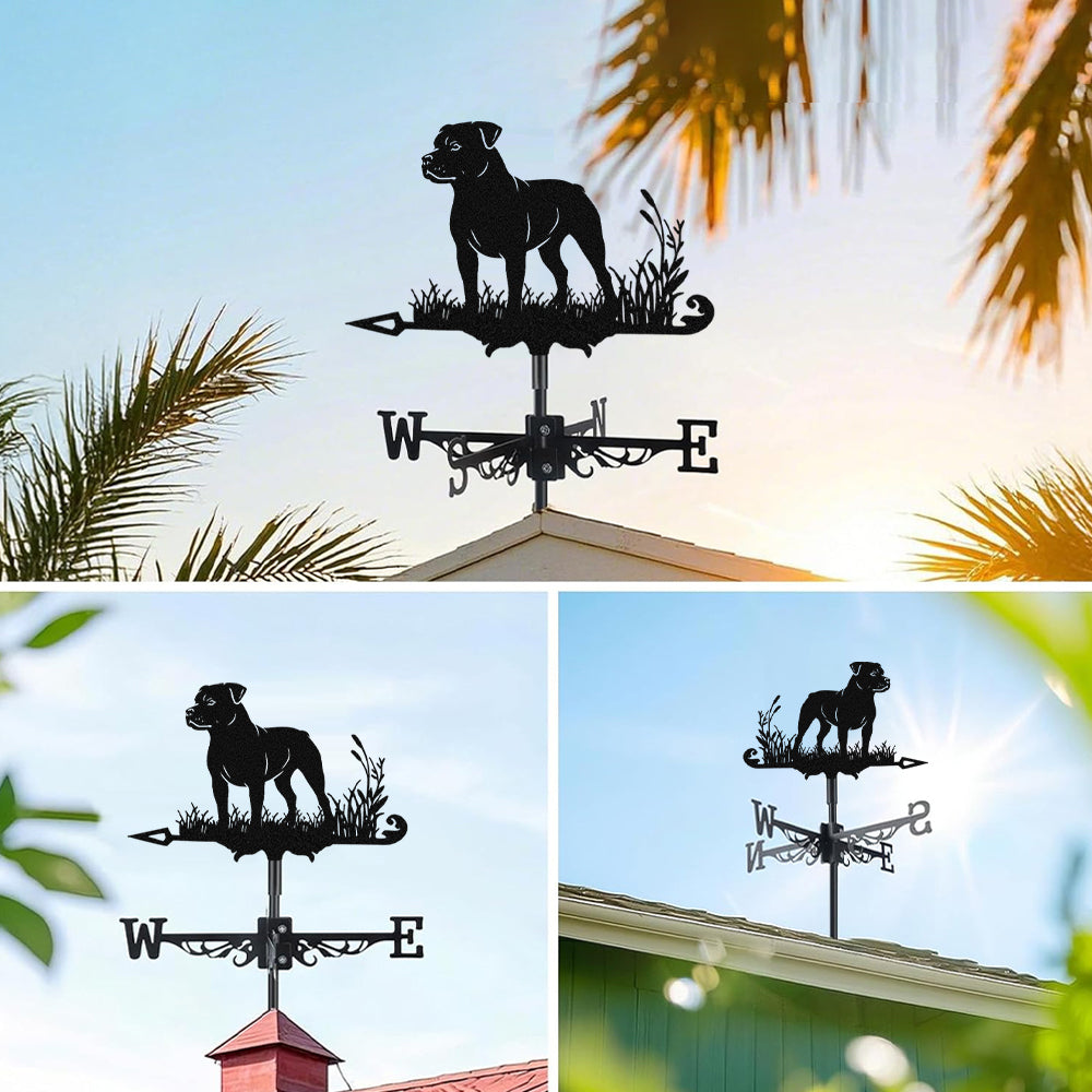 Staffordshire bull terrier metal weather vane with directional arrows and mounting rod, outdoor roof and garden decoration