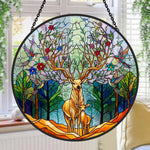 Stag and fawn in woodland stained glass suncatcher window hanging, suitable for home and garden decoration 
