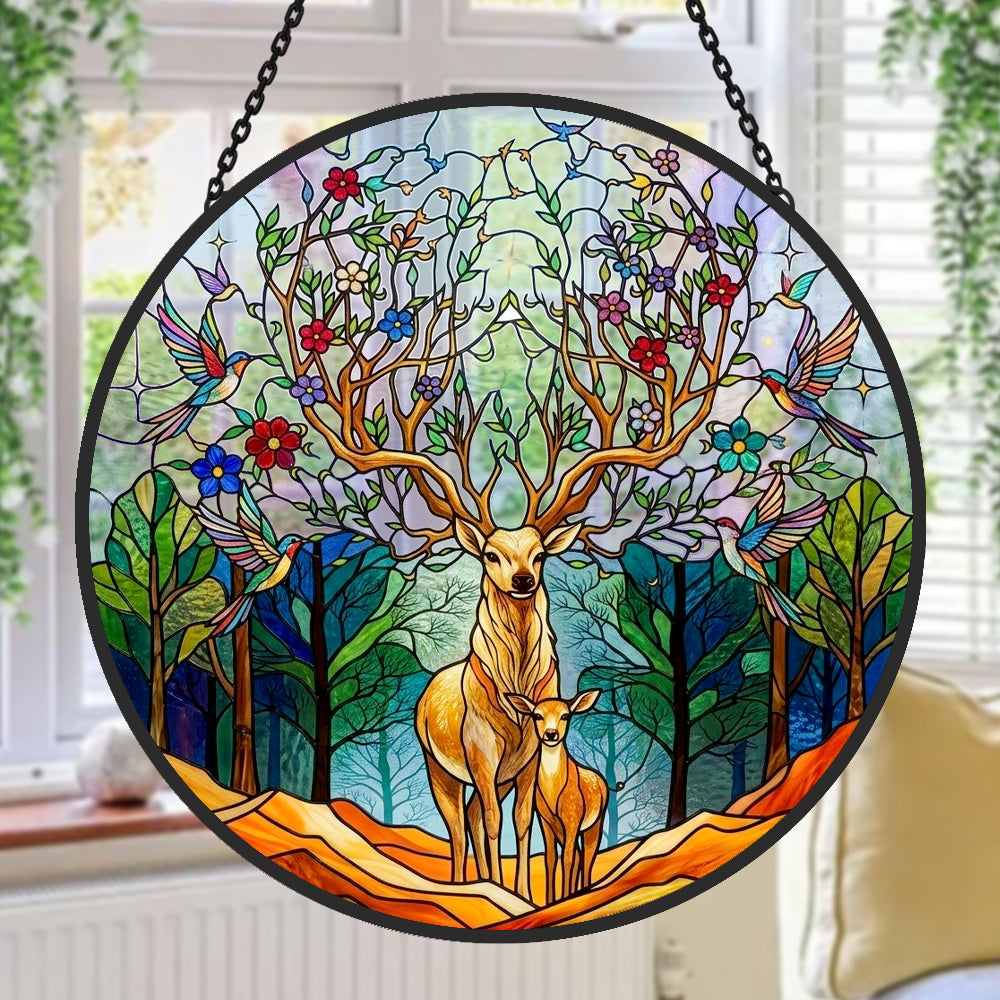 Stag and fawn in woodland stained glass suncatcher window hanging, suitable for home and garden decoration 